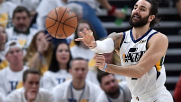 SALT LAKE CITY, UT - APRIL 22: Ricky Rubio #3 of the Utah Jazz passes there ball in Game Four during the first round of the 2019 NBA Western Conference Playoffs against the Houston Rockets at Vivint Smart Home Arena on April 22, 2019 in Salt Lake City, Utah. NOTE TO USER: User expressly acknowledges and agrees that, by downloading and or using this photograph, User is consenting to the terms and conditions of the Getty Images License Agreement. (Photo by Gene Sweeney Jr./Getty Images)