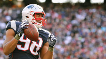 FOXBORO, MA - NOVEMBER 26: Trey Flowers #98 of the New England Patriots reacts during the second quarter of a game against the Miami Dolphins at Gillette Stadium on November 26, 2017 in Foxboro, Massachusetts. (Photo by Jim Rogash/Getty Images)