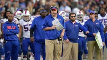 Dec 21, 2014; Oakland, CA, USA; Buffalo Bills coach Doug Marrone reacts against the Oakland Raiders at O.co Coliseum. The Raiders defeated the Bills 26-24. Mandatory Credit: Kirby Lee-USA TODAY Sports
