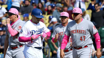 LOS ANGELES, CA - MAY 13: Matt Kemp #27 of the Los Angeles Dodgers walks back to the dugout after making the final out in the ninth inning of the game against the Cincinnati Reds at Dodger Stadium on May 13, 2018 in Los Angeles, California. (Photo by Jayne Kamin-Oncea/Getty Images)