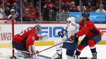 Oct 24, 2023; Washington, District of Columbia, USA; Toronto Maple Leafs right wing William Nylander (88) scores a goal on Washington Capitals goaltender Darcy Kuemper (35) as Capitals defenseman Nick Jensen (3) defends in the second period at Capital One Arena. Mandatory Credit: Geoff Burke-USA TODAY Sports