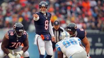 Dec 21, 2014; Chicago, IL, USA; Chicago Bears quarterback Jimmy Clausen (8) calls a play during the first quarter against the Detroit Lions at Soldier Field. Mandatory Credit: Dennis Wierzbicki-USA TODAY Sports