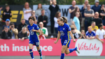 BOREHAMWOOD, ENGLAND - APRIL 17: Guro Reiten of Chelsea celebrates after scoring their side's first goal during the Vitality Women's FA Cup Semi Final match between Arsenal Women and Chelsea Women at Meadow Park on April 17, 2022 in Borehamwood, England. (Photo by Stephen Pond/Getty Images)