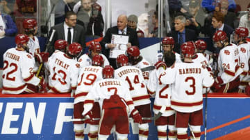CHICAGO, IL - APRIL 06: Denver Pioneers head coach Jim Montgomery draws up plays during a timeout during the Division I Men's Ice Hockey Semifinals held at the United Center on April 6, 2017 in Chicago, Illinois. (Photo by Tim Nwachukwu/NCAA Photos via Getty Images)