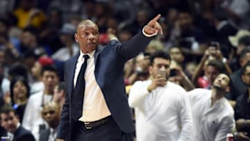 Apr 5, 2016; Los Angeles, CA, USA; Los Angeles Clippers head coach Doc Rivers gestures during the second half against the Los Angeles Lakers at Staples Center. The Clippers beat the Lakers 103-81. Mandatory Credit: Richard Mackson-USA TODAY Sports
