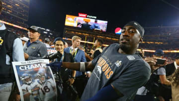 Feb 7, 2016; Santa Clara, CA, USA; Denver Broncos cornerback Kayvon Webster (36) celebrates after defeating the Carolina Panthers in Super Bowl 50 at Levi