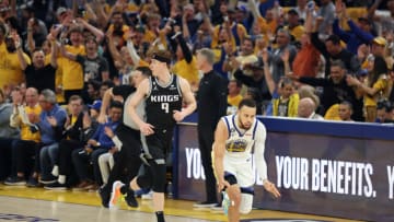 SAN FRANCISCO, CALIFORNIA - APRIL 23: Stephen Curry #30 of the Golden State Warriors reacts after making a basket against the Sacramento Kings in the first half of Game Four of the Western Conference First Round Playoffs at Chase Center on April 23, 2023 in San Francisco, California. NOTE TO USER: User expressly acknowledges and agrees that, by downloading and or using this photograph, User is consenting to the terms and conditions of the Getty Images License Agreement. (Photo by Ezra Shaw/Getty Images)