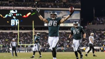 Jan 4, 2014; Philadelphia, PA, USA; Philadelphia Eagles tight end Zach Ertz (86) celebrates scoring a touchdown during the fourth quarter against the New Orleans Saints during the 2013 NFC wild card playoff football game at Lincoln Financial Field. The Saints defeated the Eagles 26-24. Mandatory Credit: Howard Smith-USA TODAY Sports