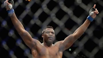 DENVER, CO - JANUARY 28: Francis Ngannou (white trunks) of Cameroon celebrates his first round win over Andrei Arlovski of Belarus in Heavyweight division during the UFC Fight Night at the Pepsi Center on January 28, 2017 in Denver, Colorado. (Photo by Matthew Stockman/Getty Images)