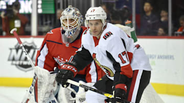 WASHINGTON, DC - FEBRUARY 26: Ottawa Senators left wing Brian Gibbons (17) sets up in front of Washington Capitals goalie Braden Holtby (70) during the Ottawa Senators vs. Washington Capitals NHL game February 26, 2019 at Capital One Arena in Washington, D.C.. (Photo by Randy Litzinger/Icon Sportswire via Getty Images)
