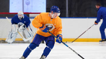 BUFFALO, NY - JANUARY 1: Brandon Biro #71 of the Buffalo Sabres skates with the puck during training camp at KeyBank Center on January 1, 2021 in Buffalo, New York. (Photo by Kevin Hoffman/Getty Images)