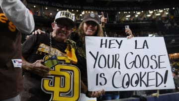 Oct 15, 2022; San Diego, California, USA; San Diego Padres fans celebrate defeating Los Angeles Dodgers during game four of the NLDS for the 2022 MLB Playoffs at Petco Park. Mandatory Credit: Orlando Ramirez-USA TODAY Sports