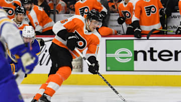 Apr 17, 2022; Philadelphia, Pennsylvania, USA; Philadelphia Flyers defenseman Travis Sanheim (6) against the Buffalo Sabres at Wells Fargo Center. Mandatory Credit: Eric Hartline-USA TODAY Sports