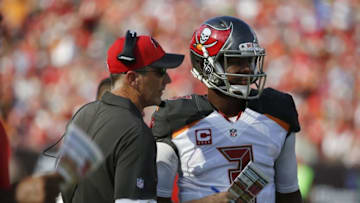 Oct 2, 2016; Tampa, FL, USA; Tampa Bay Buccaneers quarterback Jameis Winston (3) talks with head coach Dirk Koetter against the Denver Broncos during the first half at Raymond James Stadium. Mandatory Credit: Kim Klement-USA TODAY Sports