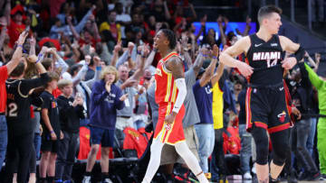 ATLANTA, GEORGIA - APRIL 22: Delon Wright #0 of the Atlanta Hawks celebrates after defeating the Miami Heat 111-110 during second half in Game Three of the Eastern Conference First Round at State Farm Arena on April 22, 2022 in Atlanta, Georgia. NOTE TO USER: User expressly acknowledges and agrees that, by downloading and or using this photograph, User is consenting to the terms and conditions of the Getty Images License Agreement. (Photo by Kevin C. Cox/Getty Images)