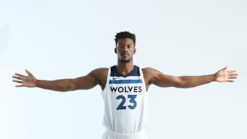 MINNEAPOLIS, MN - SEPTEMBER 22: Jimmy Butler #23 of the Minnesota Timberwolves poses for portraits during the 2017 Media Day on September 22, 2017 at the Minnesota Timberwolves and Lynx Courts at Mayo Clinic Square in Minneapolis, Minnesota. NOTE TO USER: User expressly acknowledges and agrees that, by downloading and or using this Photograph, user is consenting to the terms and conditions of the Getty Images License Agreement. Mandatory Copyright Notice: Copyright 2017 NBAE (Photo by David Sherman/NBAE via Getty Images)