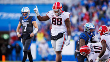 Georgia Bulldogs defensive lineman Jalen Carter (88) celebrates during the second quarter against the Kentucky Wildcats at Kroger Field. (Mandatory Credit: Jordan Prather-USA TODAY Sports)