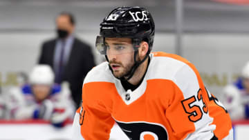Feb 18, 2021; Philadelphia, Pennsylvania, USA; Philadelphia Flyers defenseman Shayne Gostisbehere (53) during the first period against the New York Rangers at Wells Fargo Center. Mandatory Credit: Eric Hartline-USA TODAY Sports