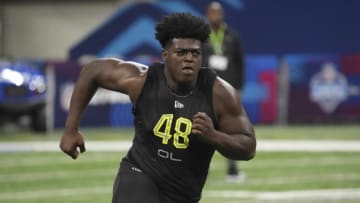 Mar 4, 2022; Indianapolis, IN, USA; Tulsa offensive lineman Tyler Smith (OL48) goes through drills during the 2022 NFL Scouting Combine at Lucas Oil Stadium. Mandatory Credit: Kirby Lee-USA TODAY Sports