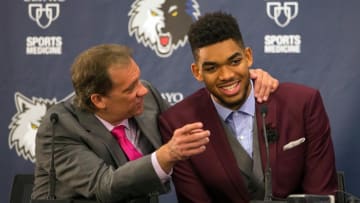 Jun 26, 2015; Minneapolis, MN, USA; Minnesota Timberwolves head coach Flip Saunders and number one overall draft pick Karl-Anthony Towns address the media at Mayo Clinic Square. Mandatory Credit: Brad Rempel-USA TODAY Sports