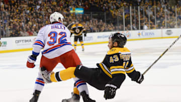 BOSTON, MA - MAY 25: Michael Haley #32 of the New York Rangers checks Matt Bartowski #43 of the Boston Bruins in Game Five of the Eastern Conference Semifinals during the 2013 NHL Stanley Cup Playoffs at TD Garden on May 25, 2013 in Boston, Massachusetts. (Photo by Brian Babineau/NHLI via Getty Images)