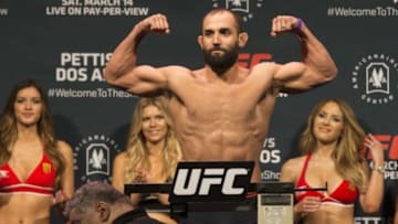 Mar 13, 2015; Dallas, TX, USA; Johny Hendricks stands on the scale during weigh-ins for UFC 185 at Kay Bailey Hutchison Convention Center. Mandatory Credit: Tim Heitman-USA TODAY Sports