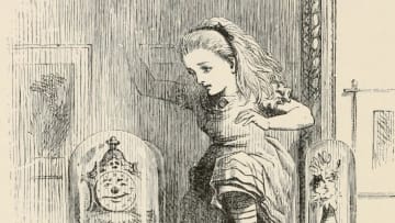 Alice hunts for Easter eggs through the looking-glass.