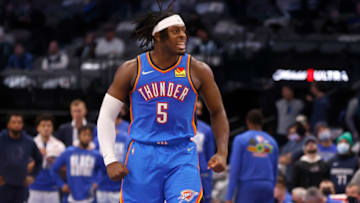 Luguentz Dort #5 of the Oklahoma City Thunder reacts after sinking a three point shot against the Dallas Mavericks in overtime at American Airlines Center on February 2, 2022 in Dallas, Texas. The Thunder won 120-114 in overtime. (Photo by Ron Jenkins/Getty Images)
