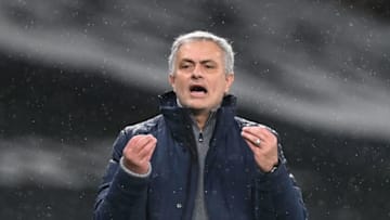 Tottenham Hotspur's Portuguese head coach Jose Mourinho gestures during the English Premier League football match between Tottenham Hotspur and Liverpool at Tottenham Hotspur Stadium in London, on January 28, 2021. (Photo by Shaun Botterill / POOL / AFP) / RESTRICTED TO EDITORIAL USE. No use with unauthorized audio, video, data, fixture lists, club/league logos or 'live' services. Online in-match use limited to 120 images. An additional 40 images may be used in extra time. No video emulation. Social media in-match use limited to 120 images. An additional 40 images may be used in extra time. No use in betting publications, games or single club/league/player publications. / (Photo by SHAUN BOTTERILL/POOL/AFP via Getty Images)
