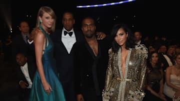 LOS ANGELES, CA - FEBRUARY 08: (L-R) Recording Artists Taylor Swift, Jay Z and Kanye West and tv personality Kim Kardashian attend The 57th Annual GRAMMY Awards at the STAPLES Center on February 8, 2015 in Los Angeles, California. (Photo by Larry Busacca/Getty Images for NARAS)