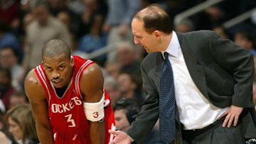 WASHINGTON - JANUARY 13: Head coach Jeff Van Gundy of the Houston Rockets talks to his teammate Steve Francis