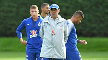 COBHAM, ENGLAND - AUGUST 28: Chelsea Manager Maurizio Sarri oversees the players during the afternoon training session at Chelsea Training Ground on August 28, 2018 in Cobham, England. (Photo by Clive Howes/Chelsea FC via Getty Images)