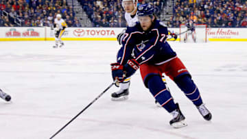 COLUMBUS, OH - APRIL 5: Josh Anderson #77 of the Columbus Blue Jackets controls the puck during the game against the Pittsburgh Penguins on April 5, 2018 at Nationwide Arena in Columbus, Ohio. (Photo by Kirk Irwin/Getty Images) *** Local Caption *** Josh Anderson