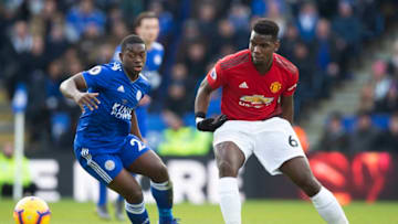 LEICESTER, ENGLAND - FEBRUARY 03: Nampalys Mendy of Leicester City and Paul Pogba of Manchester United during the Premier League match between Leicester City and Manchester United at The King Power Stadium on February 03, 2019 in Leicester, United Kingdom. (Photo by Visionhaus/Getty Images)