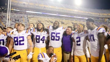 BATON ROUGE, LOUISIANA - AUGUST 31: Head coach Ed Orgeron of the LSU Tigers celebrates with his team after their win over Georgia Southern Eagles at Tiger Stadium on August 31, 2019 in Baton Rouge, Louisiana. (Photo by Marianna Massey/Getty Images)