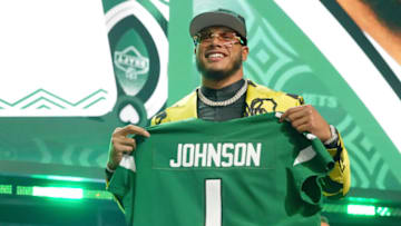 Apr 28, 2022; Las Vegas, NV, USA; Florida State defensive end Jermaine Johnson after being selected as the twenty-sixth overall pick to the New York Jets during the first round of the 2022 NFL Draft at the NFL Draft Theater. Mandatory Credit: Kirby Lee-USA TODAY Sports