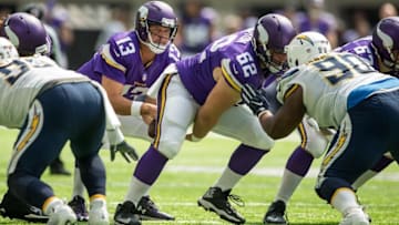 Aug 28, 2016; Minneapolis, MN, USA; Minnesota Vikings quarterback Shaun Hill (13) takes a snap from center Nicholas Easton (62) against the San Diego Chargers in the third quarter at U.S. Bank Stadium. The Minnesota Vikings win 23-10. Mandatory Credit: Bruce Kluckhohn-USA TODAY Sports