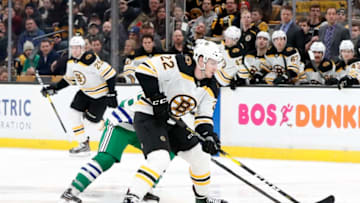 BOSTON, MA - MARCH 05: Boston Bruins left wing Peter Cehlarik (22) carries the puck during a game between the Boston Bruins and the Carolina Hurricanes on March 5, 2019, at TD Garden in Boston, Massachusetts. (Photo by Fred Kfoury III/Icon Sportswire via Getty Images)