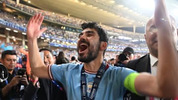 ISTANBUL, TURKIYE - JUNE 11: Ilkay Gundogan of Manchester City celebrates after his team's victory in the UEFA Champions League 2022/23 final match against Inter at Ataturk Olympic Stadium on June 11, 2023 in Istanbul,Turkiye. (Photo by Serhat Cagdas/Anadolu Agency via Getty Images)