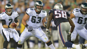 PHILADELPHIA, PA - AUGUST 09: Danny Watkins #63 of the Philadelphia Eagles blocks against the New England Patriots at Lincoln Financial Field on August 9, 2013 in Philadelphia, Pennsylvania. (Photo by Drew Hallowell/Philadelphia Eagles/Getty Images)