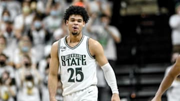 Michigan State's Malik Hall celebrates after a 3-pointer against Northwestern during the first half on Saturday, Jan. 15, 2022, at the Breslin Center in East Lansing.220115 Msu Northwestern 116a