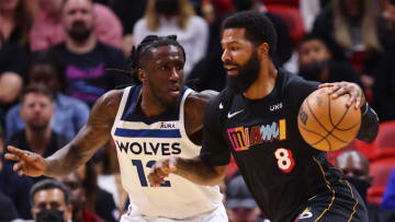 Markieff Morris #8 of the Miami Heat drives to the basket against Taurean Prince #12 of the Minnesota Timberwolves(Photo by Michael Reaves/Getty Images)