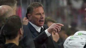 May 10, 2022; Raleigh, North Carolina, USA; Boston Bruins head coach Bruce Cassidy reacts against the Carolina Hurricanes during the third period in game five of the first round of the 2022 Stanley Cup Playoffs at PNC Arena. Mandatory Credit: James Guillory-USA TODAY Sports