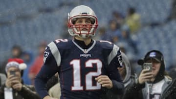 Dec 24, 2016; Foxborough, MA, USA; New England Patriots quarterback Tom Brady (12) looks on prior to the game against the New York Jets at Gillette Stadium. Mandatory Credit: David Butler II-USA TODAY Sports