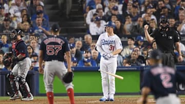 LOS ANGELES, CA - OCTOBER 26: Joc Pederson #31 of the Los Angeles Dodgers reacts to his fifth inning strike out against the Boston Red Sox in Game Three of the 2018 World Series at Dodger Stadium on October 26, 2018 in Los Angeles, California. (Photo by Kevork Djansezian/Getty Images)