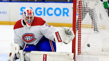 TAMPA, FLORIDA - APRIL 02: Jake Allen #34 of the Montreal Canadiens gives up a goal in the second period during a game against the Tampa Bay Lightning at Amalie Arena on April 02, 2022 in Tampa, Florida. (Photo by Mike Ehrmann/Getty Images)