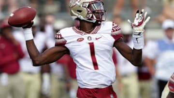 WINSTON SALEM, NC - SEPTEMBER 30: James Blackman #1 of the Florida State Seminoles drops back to pass against the Wake Forest Demon Deacons during their game at BB&T Field on September 30, 2017 in Winston Salem, North Carolina. (Photo by Streeter Lecka/Getty Images)