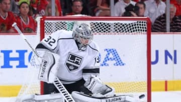 Jun 1, 2014; Chicago, IL, USA; Los Angeles Kings goalie Jonathan Quick (32) makes a save during the second period in game seven of the Western Conference Final of the 2014 Stanley Cup Playoffs against the Chicago Blackhawks at the United Center. Mandatory Credit: Dennis Wierzbicki-USA TODAY Sports