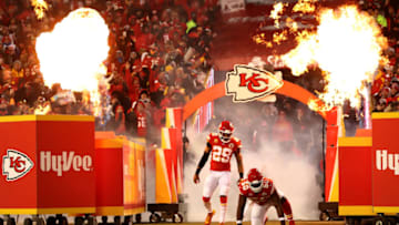 KANSAS CITY, MISSOURI - JANUARY 20: Eric Berry #29 and Justin Houston #50 of the Kansas City Chiefs are introduced before the AFC Championship Game against the New England Patriots at Arrowhead Stadium on January 20, 2019 in Kansas City, Missouri. (Photo by Jamie Squire/Getty Images)