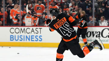 PHILADELPHIA, PA - DECEMBER 23: Morgan Frost #48 of the Philadelphia Flyers warms up against the New York Rangers on December 23, 2019 at the Wells Fargo Center in Philadelphia, Pennsylvania. (Photo by Len Redkoles/NHLI via Getty Images)